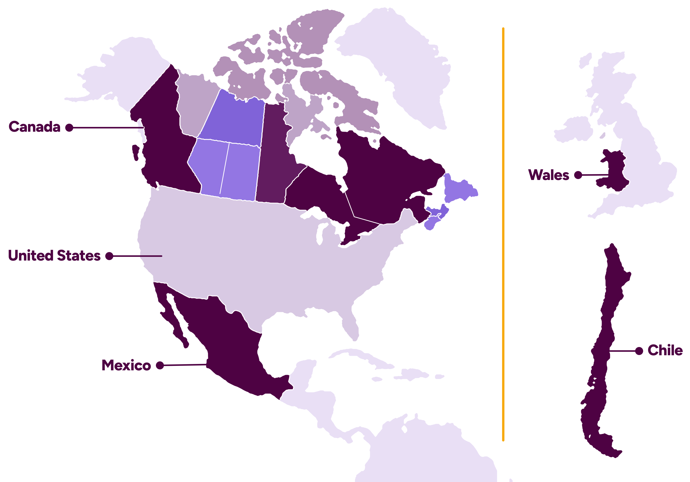 Map showing where SCS worked: Canada, United States, Mexico, Wales, Scotland and Chile.
