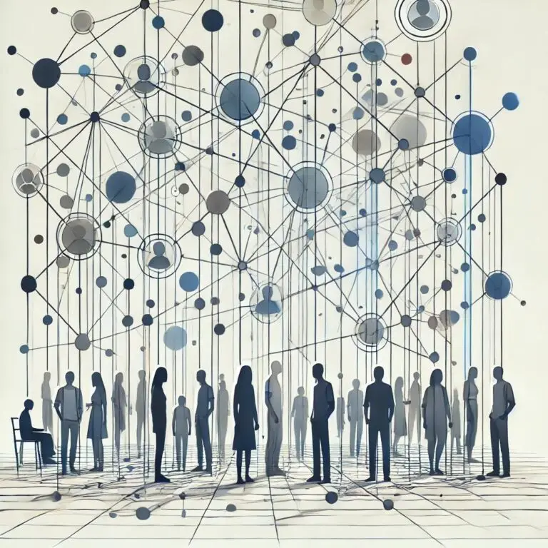 Art work depicting a knowledge graph of nodes and connections linked to people on the ground below it. A metaphor for networking.