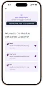 Image of a phone screen with the PeerOnCall app. Peer supporters are listed under the headline